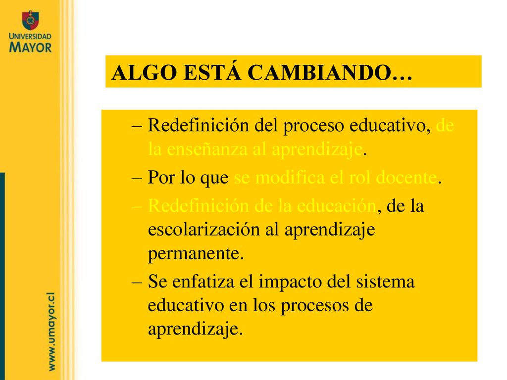 ALGO ESTÁ CAMBIANDO… Redefinición del proceso educativo, de la enseñanza al aprendizaje. Por lo que se modifica el rol docente.