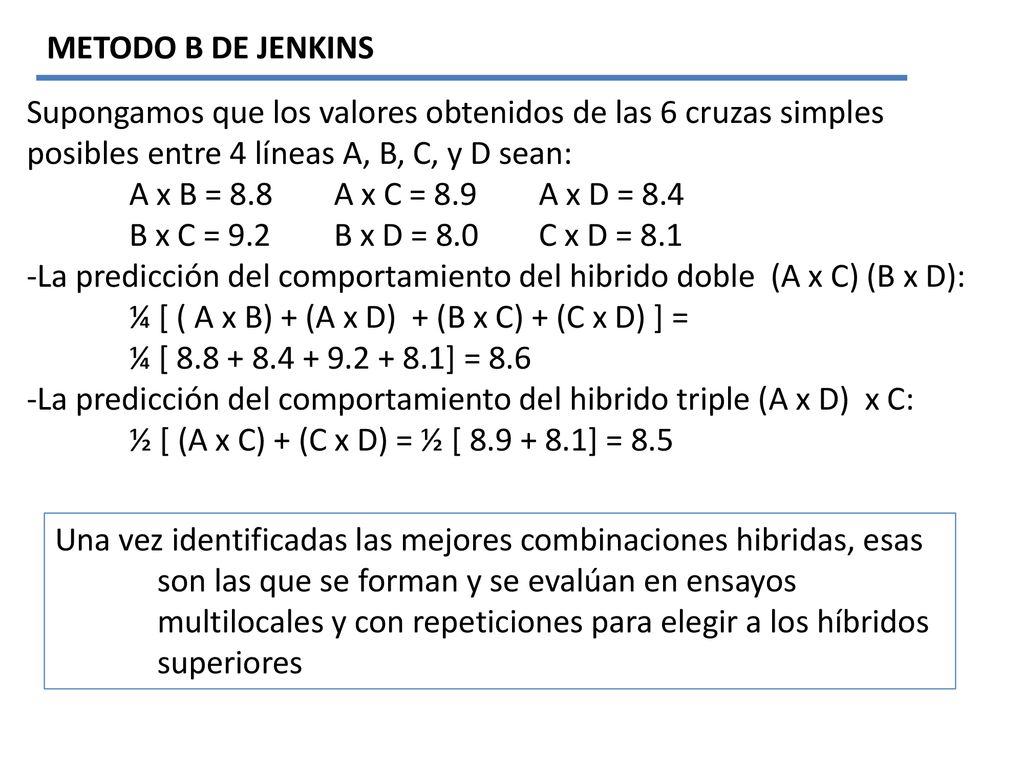 METODO B DE JENKINS Supongamos que los valores obtenidos de las 6 cruzas simples posibles entre 4 líneas A, B, C, y D sean: