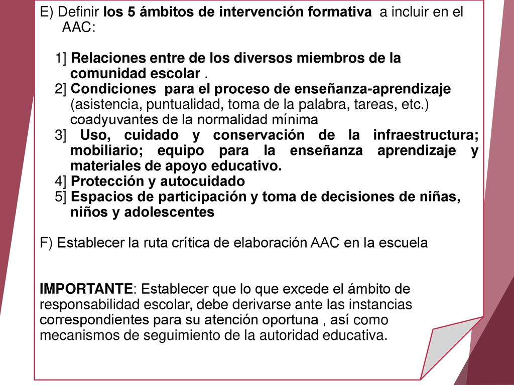 E) Definir los 5 ámbitos de intervención formativa a incluir en el AAC: