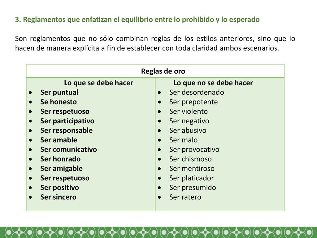 3. Reglamentos que enfatizan el equilibrio entre lo prohibido y lo esperado