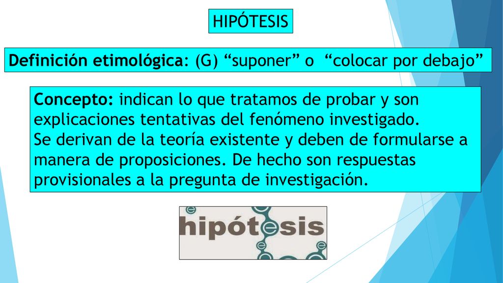 HIPÓTESIS Definición etimológica: (G) suponer o colocar por debajo Concepto: indican lo que tratamos de probar y son.