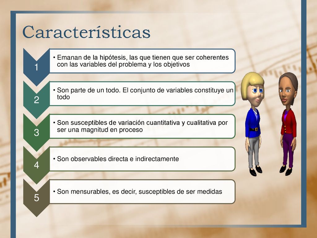 Características 1. Emanan de la hipótesis, las que tienen que ser coherentes con las variables del problema y los objetivos.
