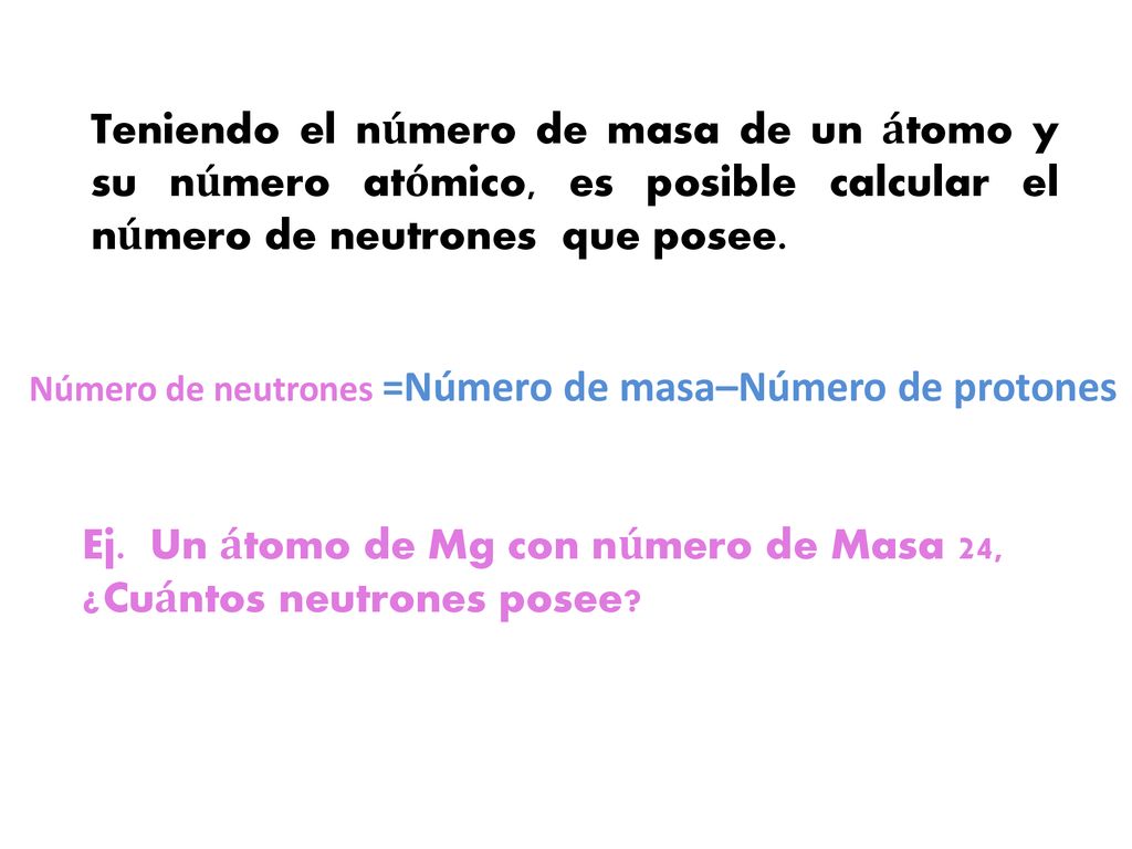 Ej. Un átomo de Mg con número de Masa 24, ¿Cuántos neutrones posee