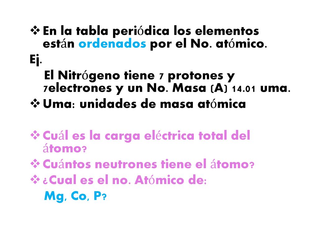 En la tabla periódica los elementos están ordenados por el No. atómico.