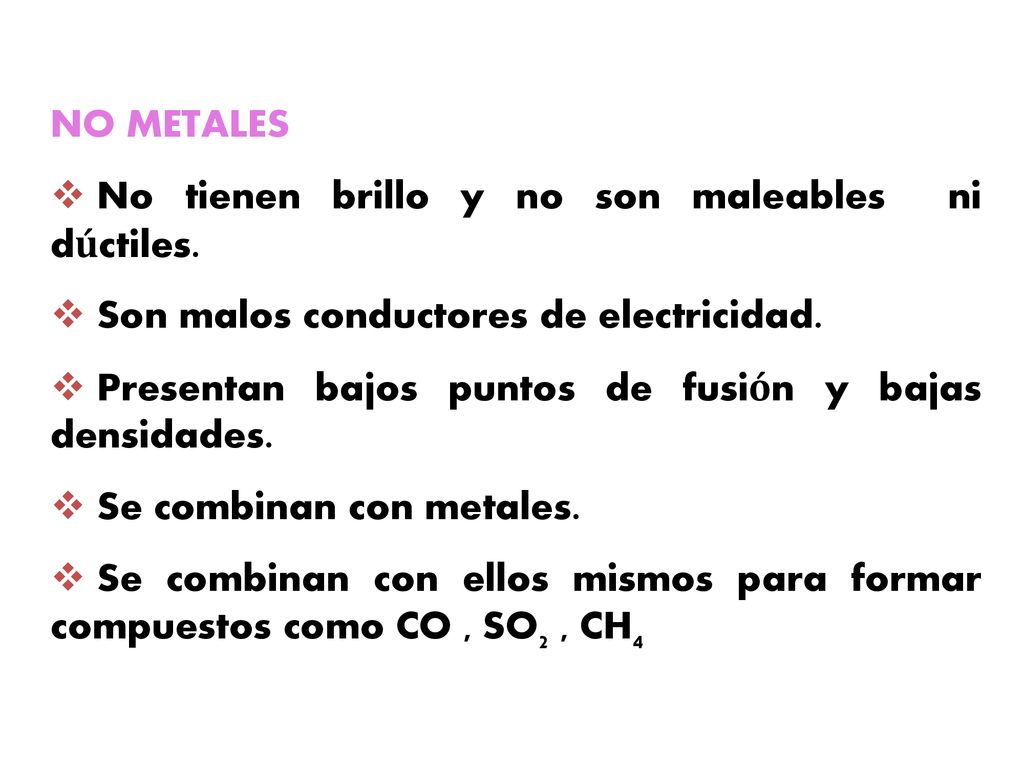 NO METALES No tienen brillo y no son maleables ni dúctiles. Son malos conductores de electricidad.