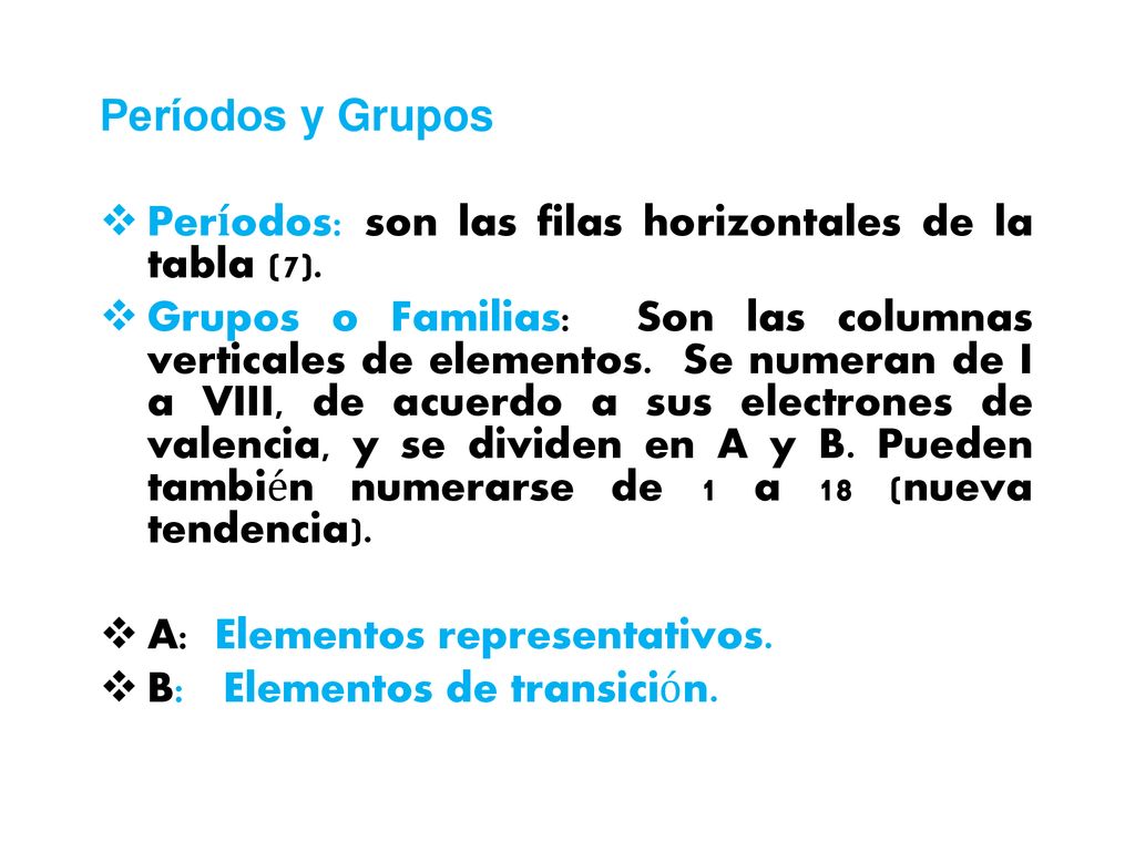 Períodos y Grupos Períodos: son las filas horizontales de la tabla (7).