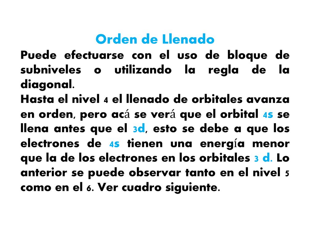 Orden de Llenado Puede efectuarse con el uso de bloque de subniveles o utilizando la regla de la diagonal.