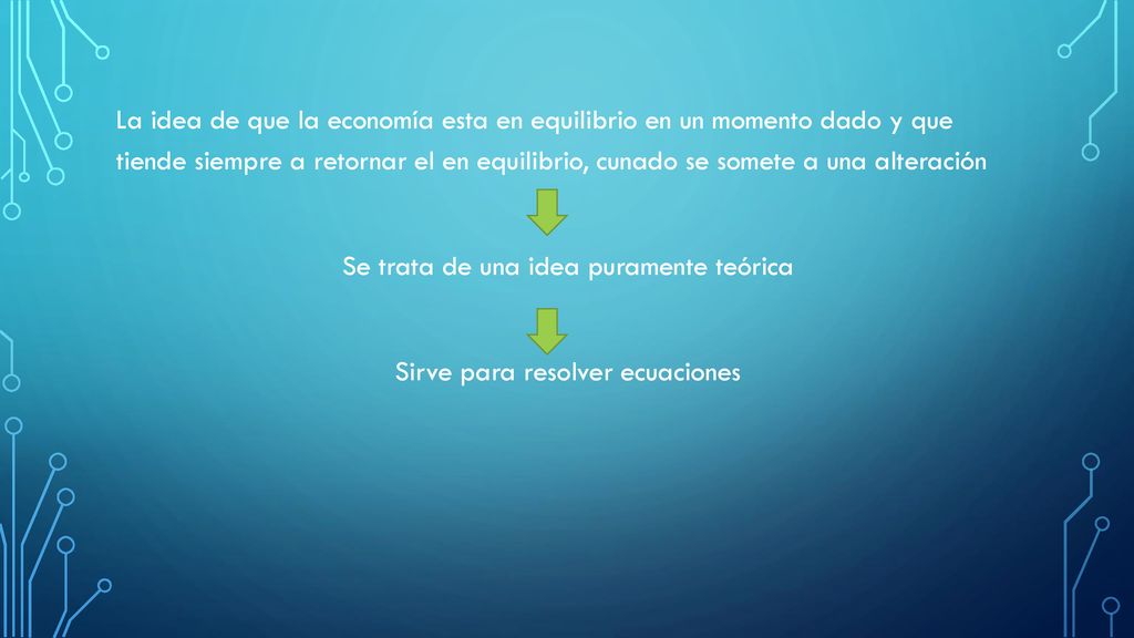 La idea de que la economía esta en equilibrio en un momento dado y que tiende siempre a retornar el en equilibrio, cunado se somete a una alteración Se trata de una idea puramente teórica Sirve para resolver ecuaciones