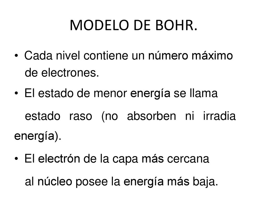 MODELO DE BOHR. Cada nivel contiene un número máximo de electrones.