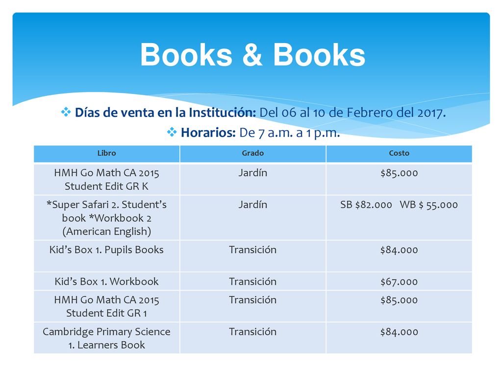 Books & Books Días de venta en la Institución: Del 06 al 10 de Febrero del Horarios: De 7 a.m. a 1 p.m.