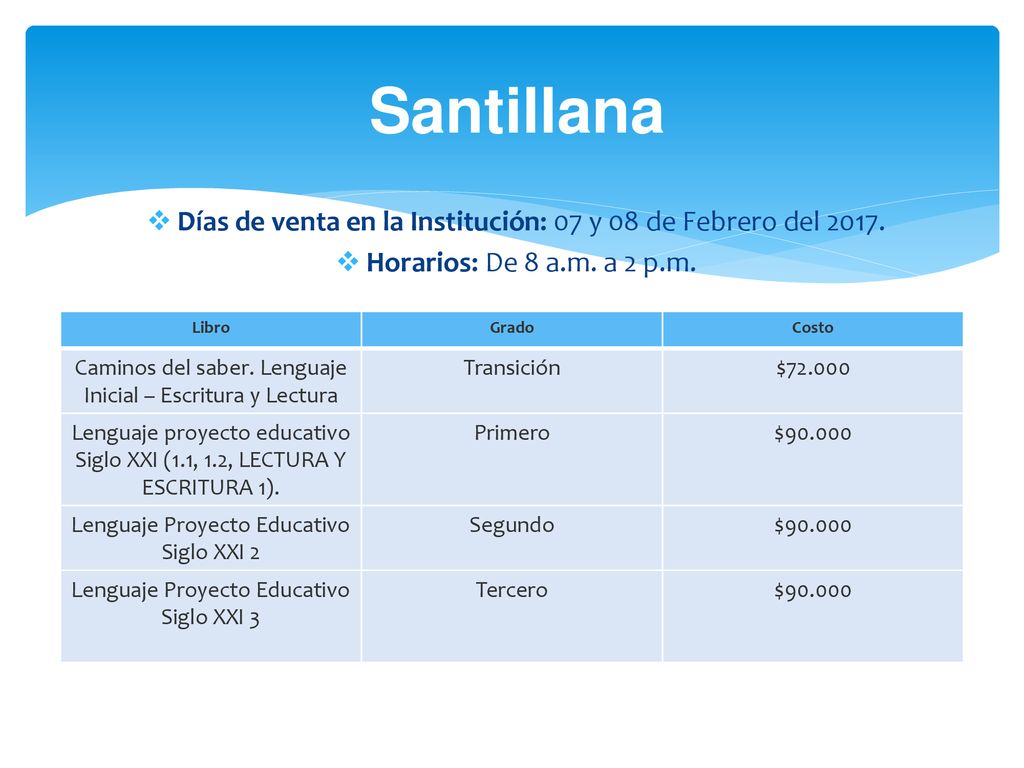Santillana Días de venta en la Institución: 07 y 08 de Febrero del Horarios: De 8 a.m. a 2 p.m.