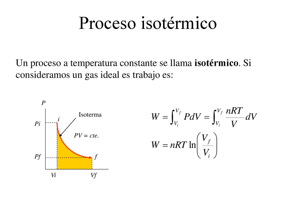 Proceso isotérmico Un proceso a temperatura constante se llama isotérmico. Si consideramos un gas ideal es trabajo es: