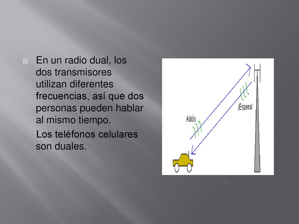 En un radio dual, los dos transmisores utilizan diferentes frecuencias, así que dos personas pueden hablar al mismo tiempo.