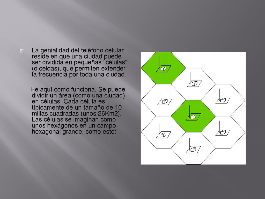 La genialidad del teléfono celular reside en que una ciudad puede ser dividida en pequeñas células (o celdas), que permiten extender la frecuencia por toda una ciudad.