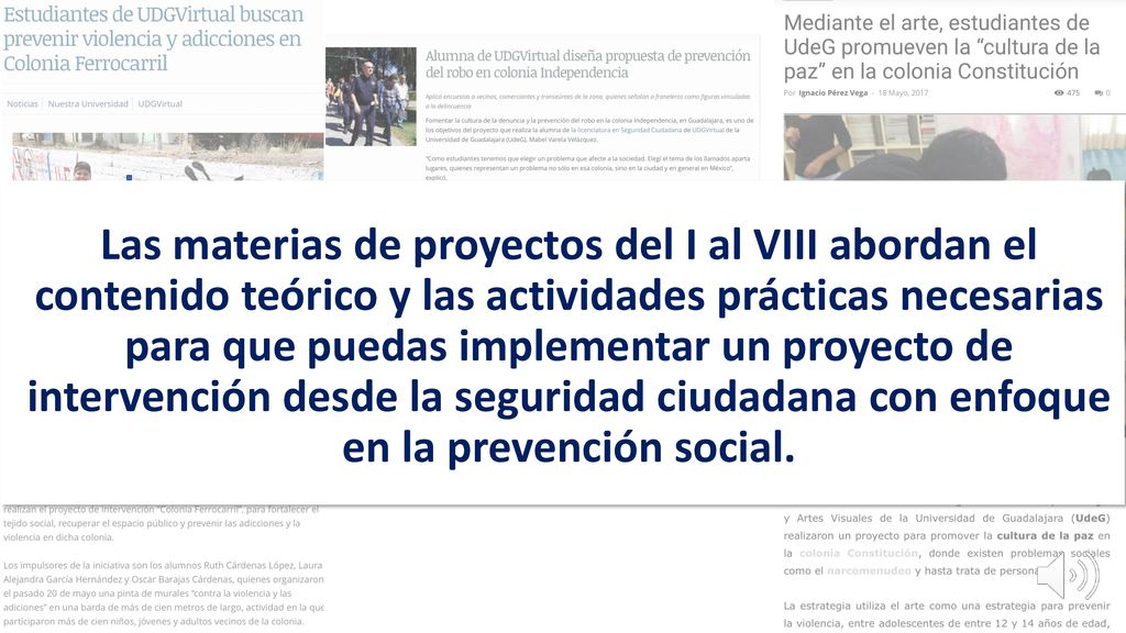 Las materias de proyectos del I al VIII abordan el contenido teórico y las actividades prácticas necesarias para que puedas implementar un proyecto de intervención desde la seguridad ciudadana con enfoque en la prevención social.