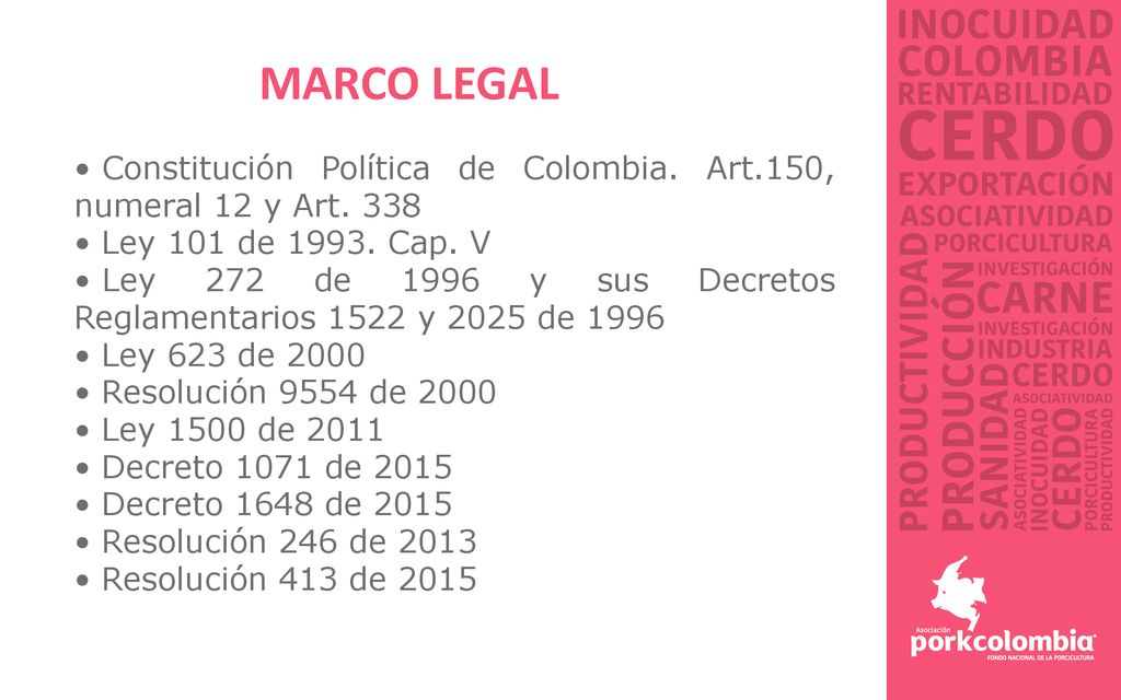 MARCO LEGAL Constitución Política de Colombia. Art.150, numeral 12 y Art Ley 101 de Cap. V.