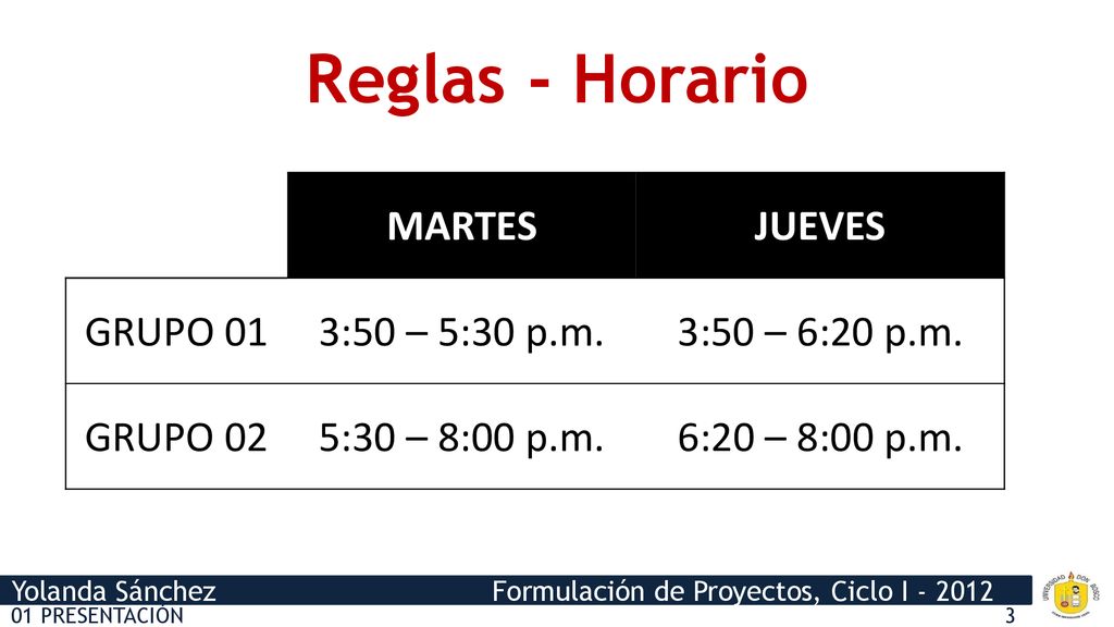 Reglas - Horario MARTES JUEVES GRUPO 01 3:50 – 5:30 p.m.