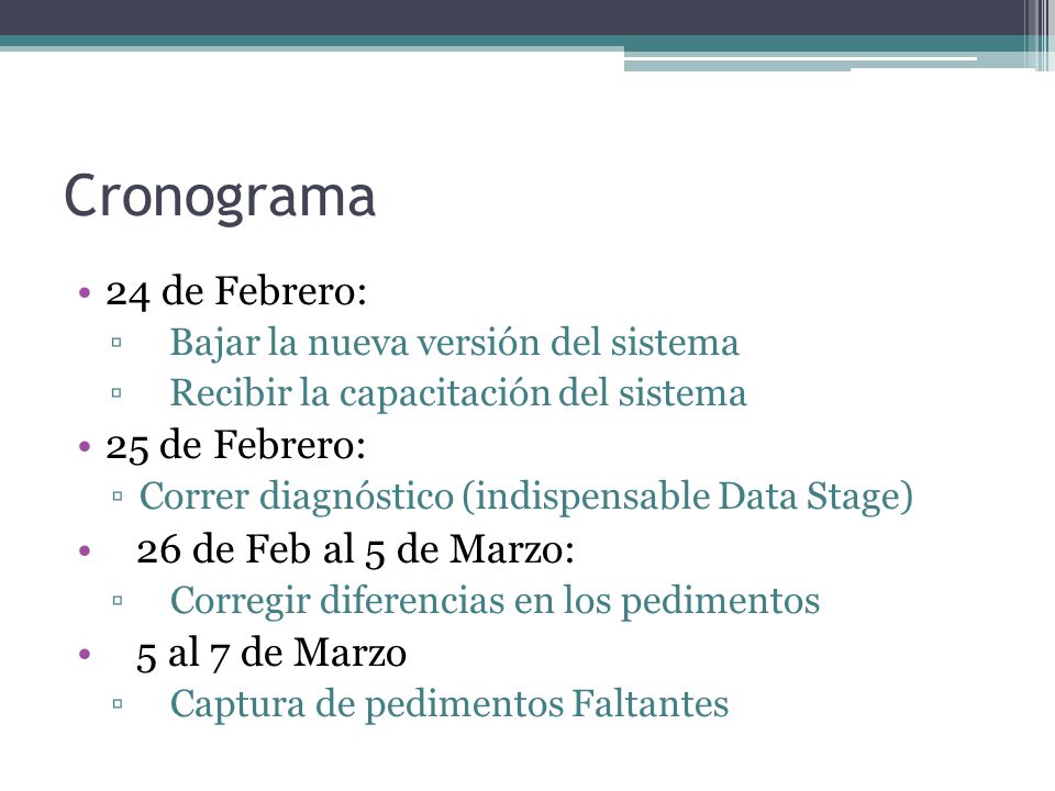 Cronograma 24 de Febrero: 25 de Febrero: 26 de Feb al 5 de Marzo: