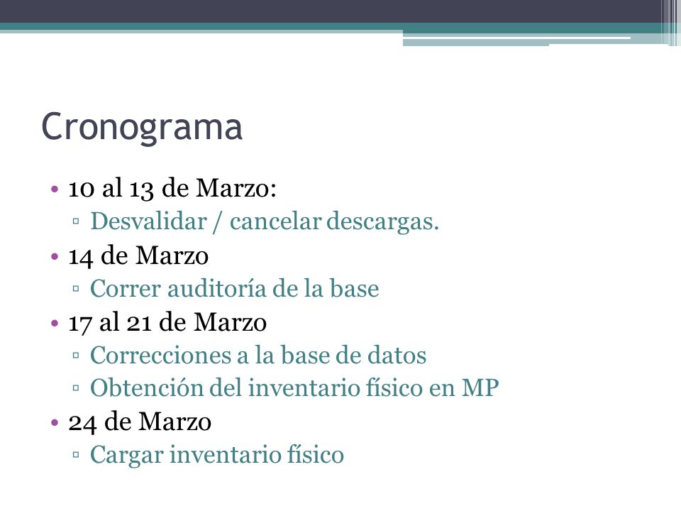 Cronograma 10 al 13 de Marzo: 14 de Marzo 17 al 21 de Marzo