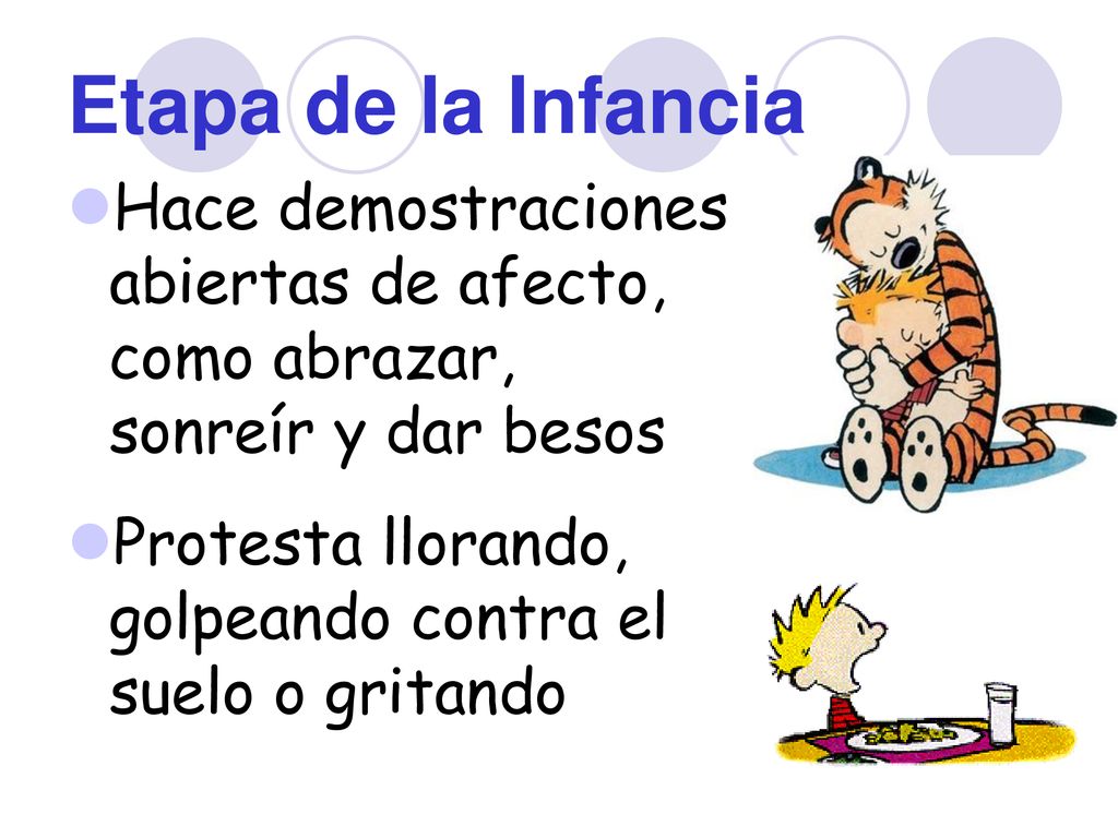 Etapa de la Infancia Hace demostraciones abiertas de afecto, como abrazar, sonreír y dar besos.