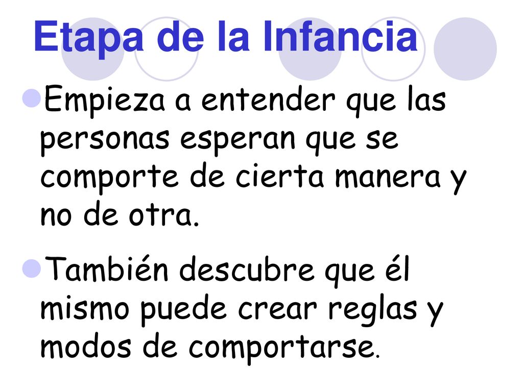 Etapa de la Infancia Empieza a entender que las personas esperan que se comporte de cierta manera y no de otra.