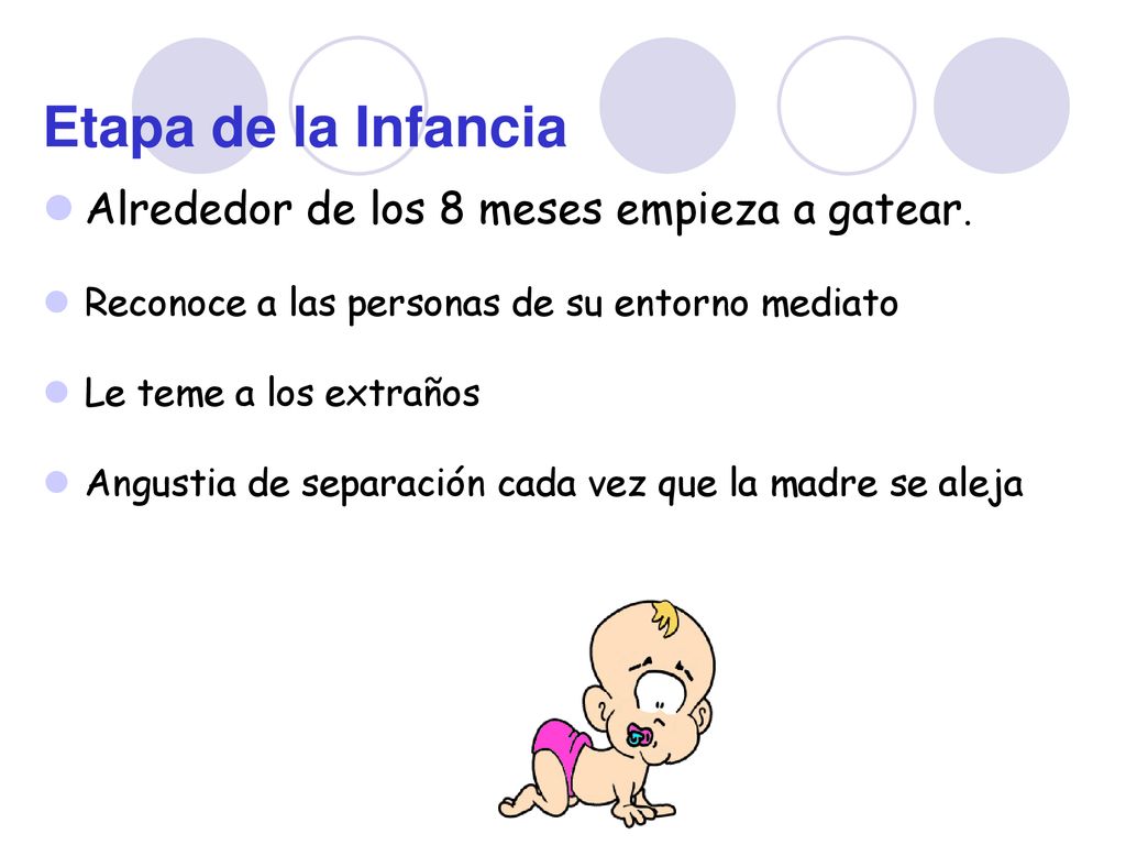 Etapa de la Infancia Alrededor de los 8 meses empieza a gatear.
