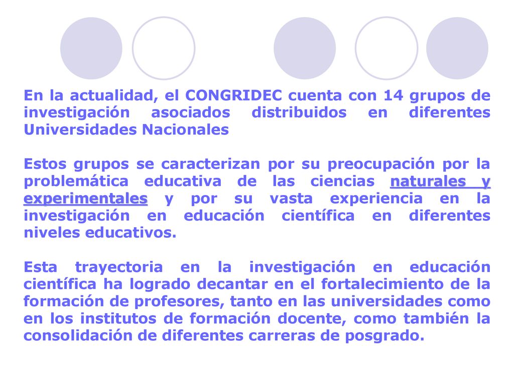 En la actualidad, el CONGRIDEC cuenta con 14 grupos de investigación asociados distribuidos en diferentes Universidades Nacionales