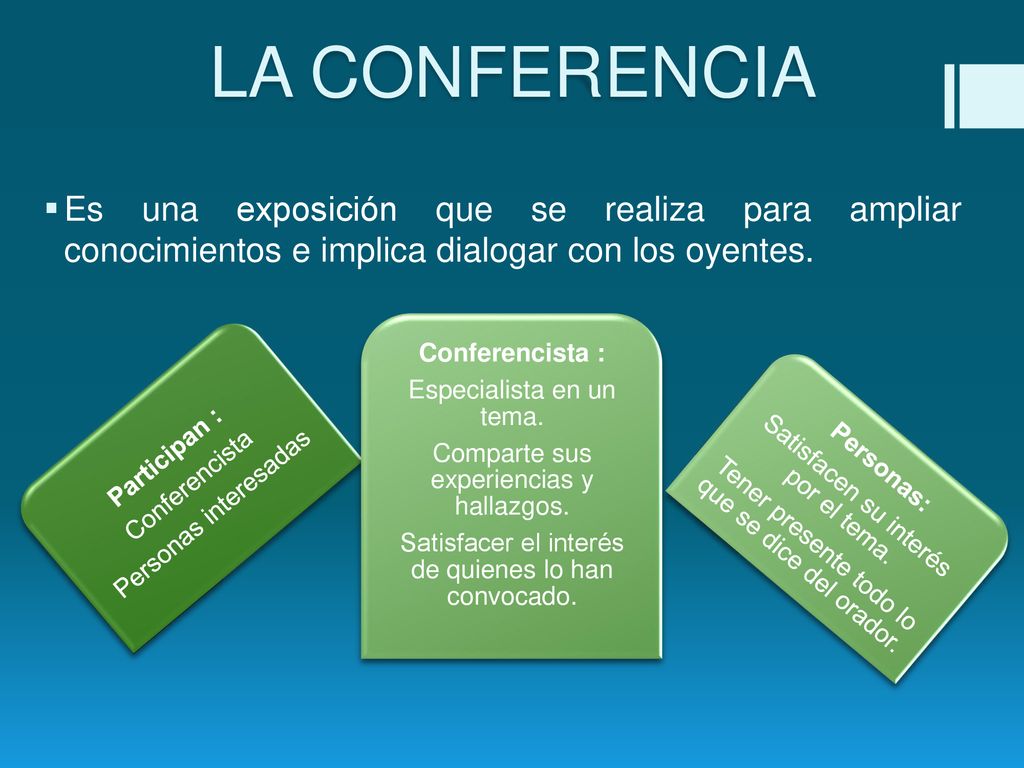 LA CONFERENCIA Es una exposición que se realiza para ampliar conocimientos e implica dialogar con los oyentes.