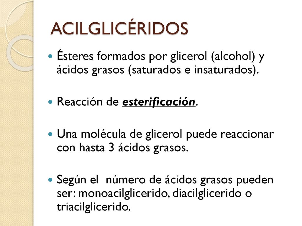 ACILGLICÉRIDOS Ésteres formados por glicerol (alcohol) y ácidos grasos (saturados e insaturados). Reacción de esterificación.