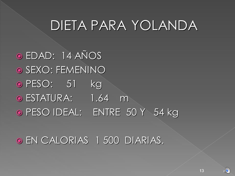 DIETA PARA YOLANDA EDAD: 14 AÑOS SEXO: FEMENINO PESO: 51 kg