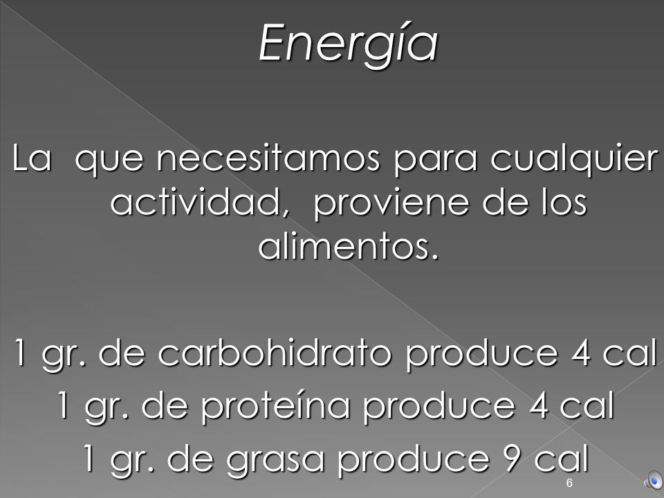 Energía La que necesitamos para cualquier actividad, proviene de los alimentos. 1 gr. de carbohidrato produce 4 cal.
