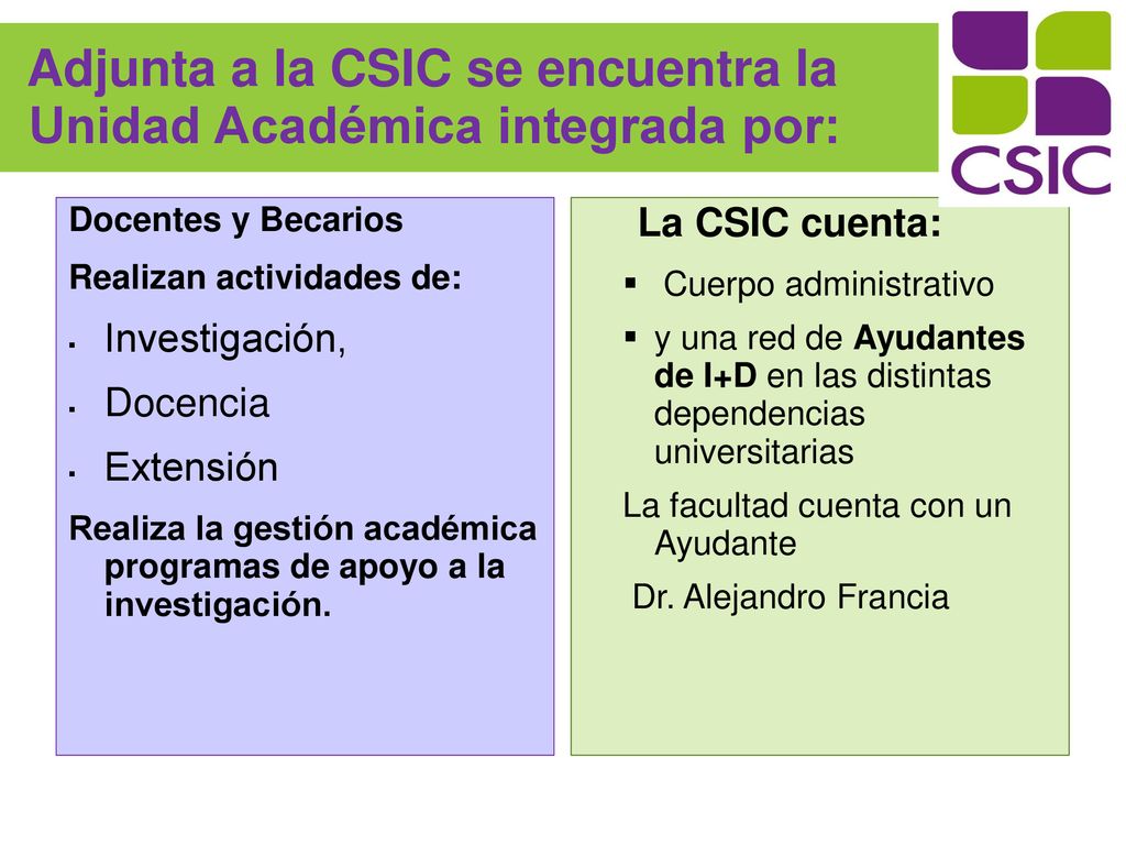 Adjunta a la CSIC se encuentra la Unidad Académica integrada por: