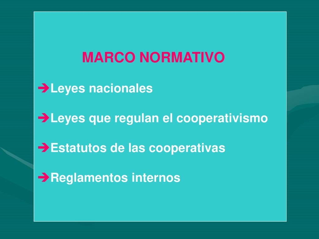 MARCO NORMATIVO Leyes nacionales. Leyes que regulan el cooperativismo. Estatutos de las cooperativas.