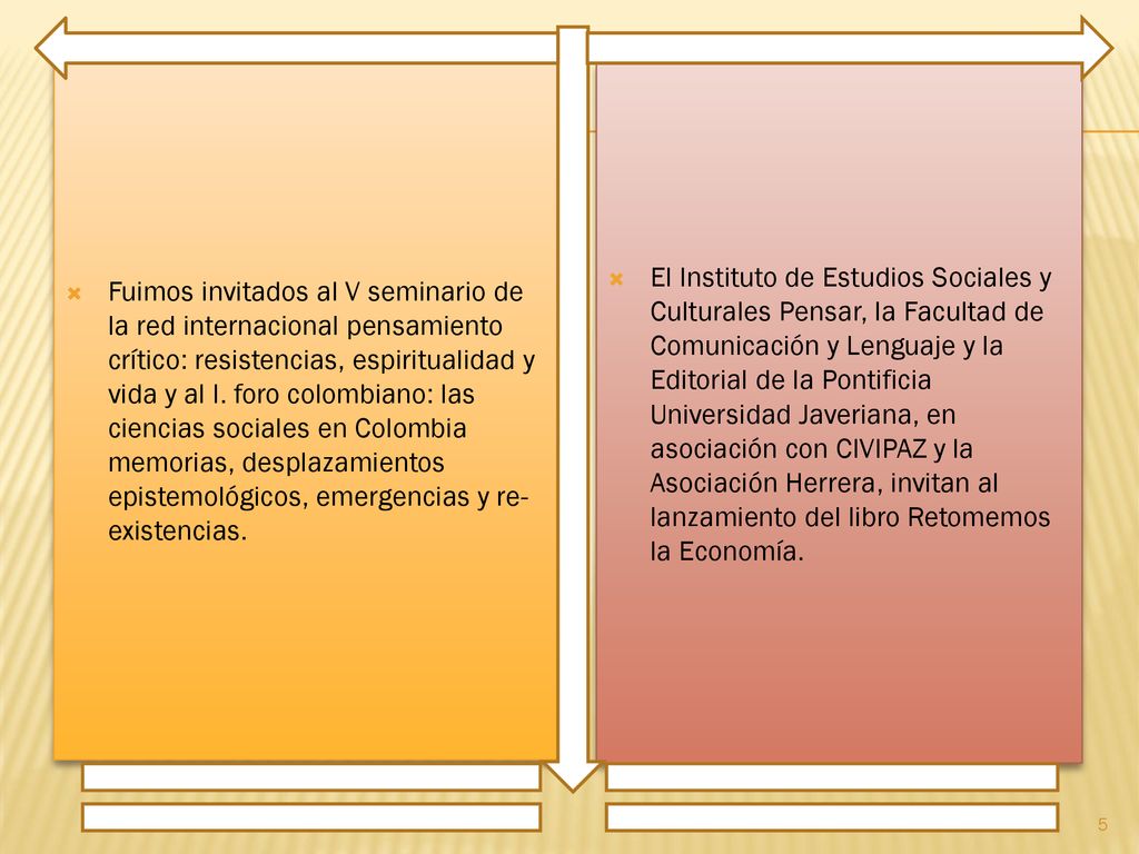 Fuimos invitados al V seminario de la red internacional pensamiento crítico: resistencias, espiritualidad y vida y al I. foro colombiano: las ciencias sociales en Colombia memorias, desplazamientos epistemológicos, emergencias y re-existencias.