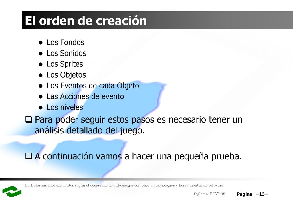 El orden de creación Los Fondos. Los Sonidos. Los Sprites. Los Objetos. Los Eventos de cada Objeto.