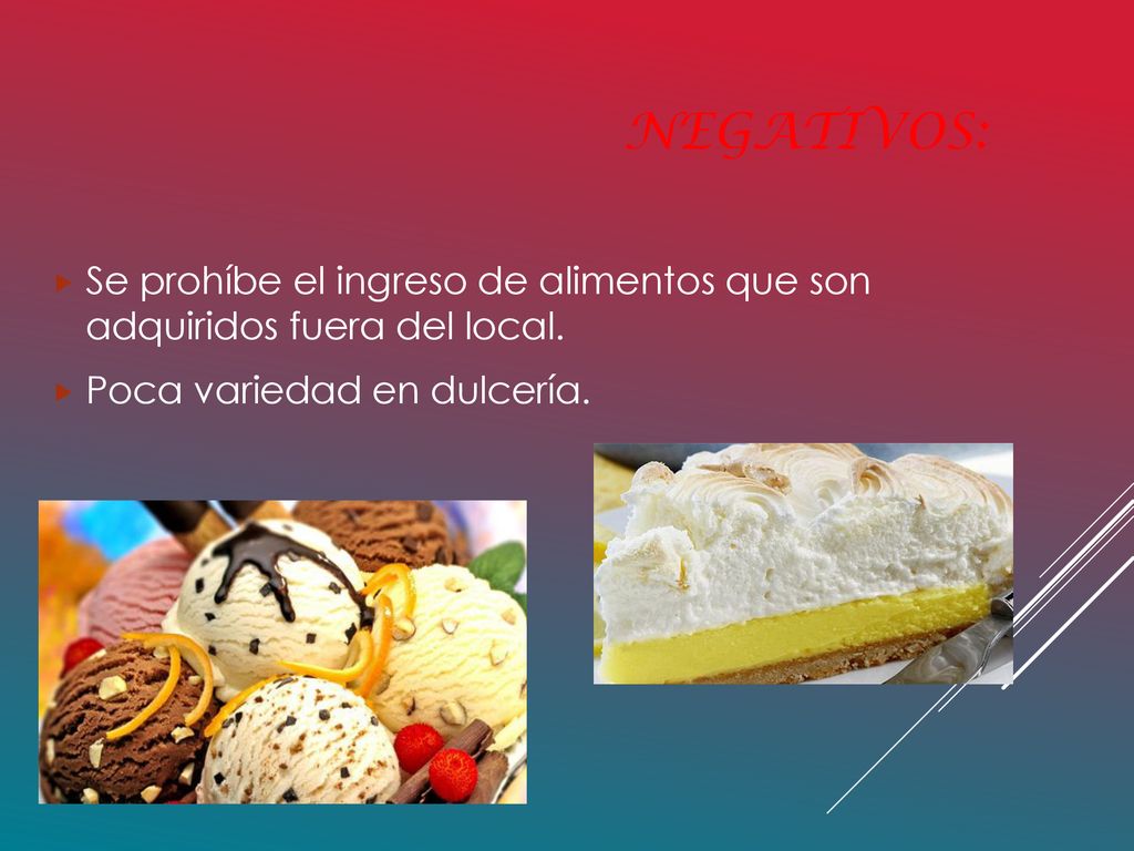 Negativos: Se prohíbe el ingreso de alimentos que son adquiridos fuera del local.