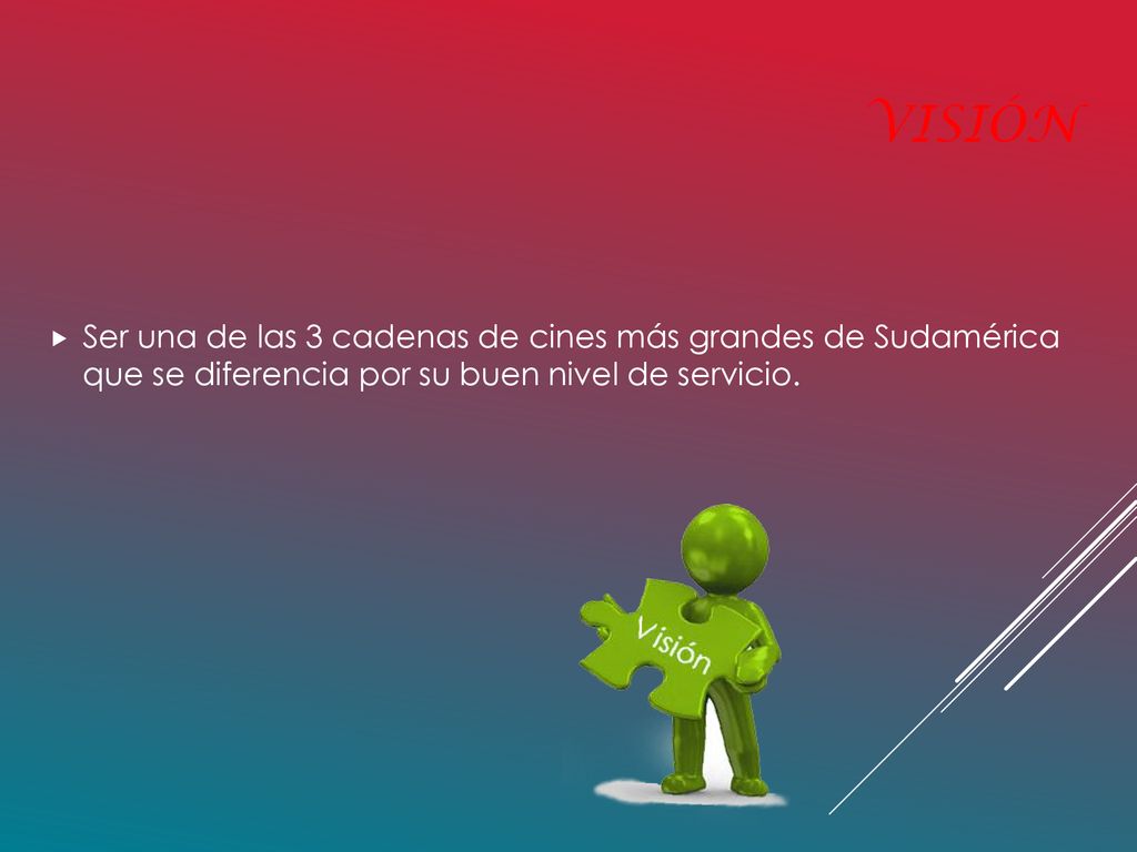 Visión Ser una de las 3 cadenas de cines más grandes de Sudamérica que se diferencia por su buen nivel de servicio.