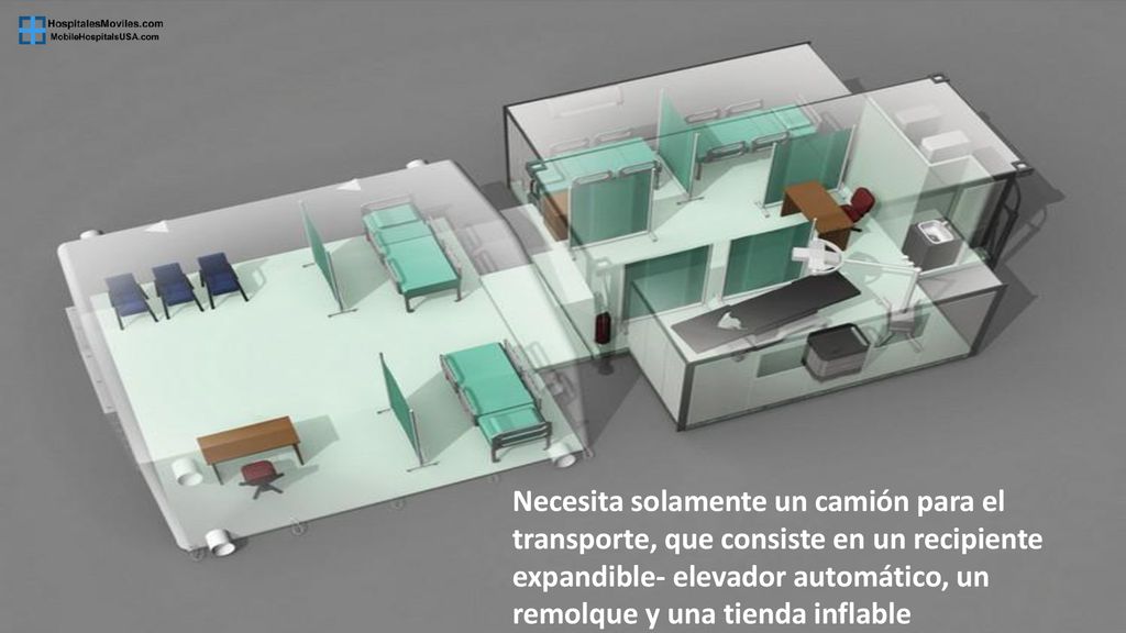 Necesita solamente un camión para el transporte, que consiste en un recipiente expandible- elevador automático, un remolque y una tienda inflable