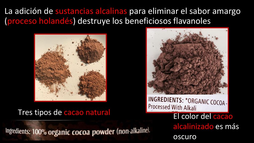 La adición de sustancias alcalinas para eliminar el sabor amargo (proceso holandés) destruye los beneficiosos flavanoles