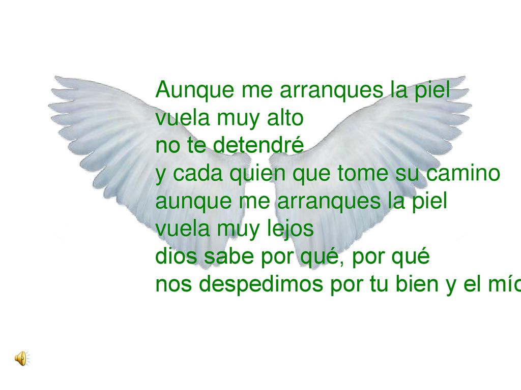 Aunque me arranques la piel vuela muy alto no te detendré y cada quien que tome su camino aunque me arranques la piel vuela muy lejos dios sabe por qué, por qué nos despedimos por tu bien y el mío