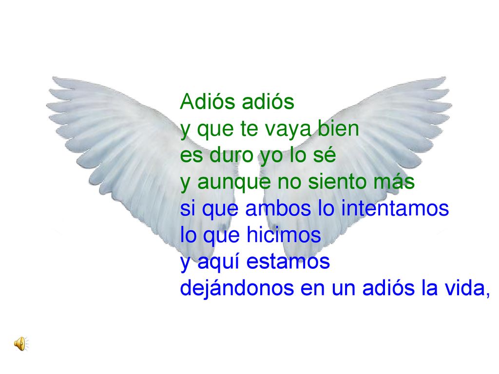 Adiós adiós y que te vaya bien es duro yo lo sé y aunque no siento más si que ambos lo intentamos lo que hicimos y aquí estamos dejándonos en un adiós la vida, ieeeeh..