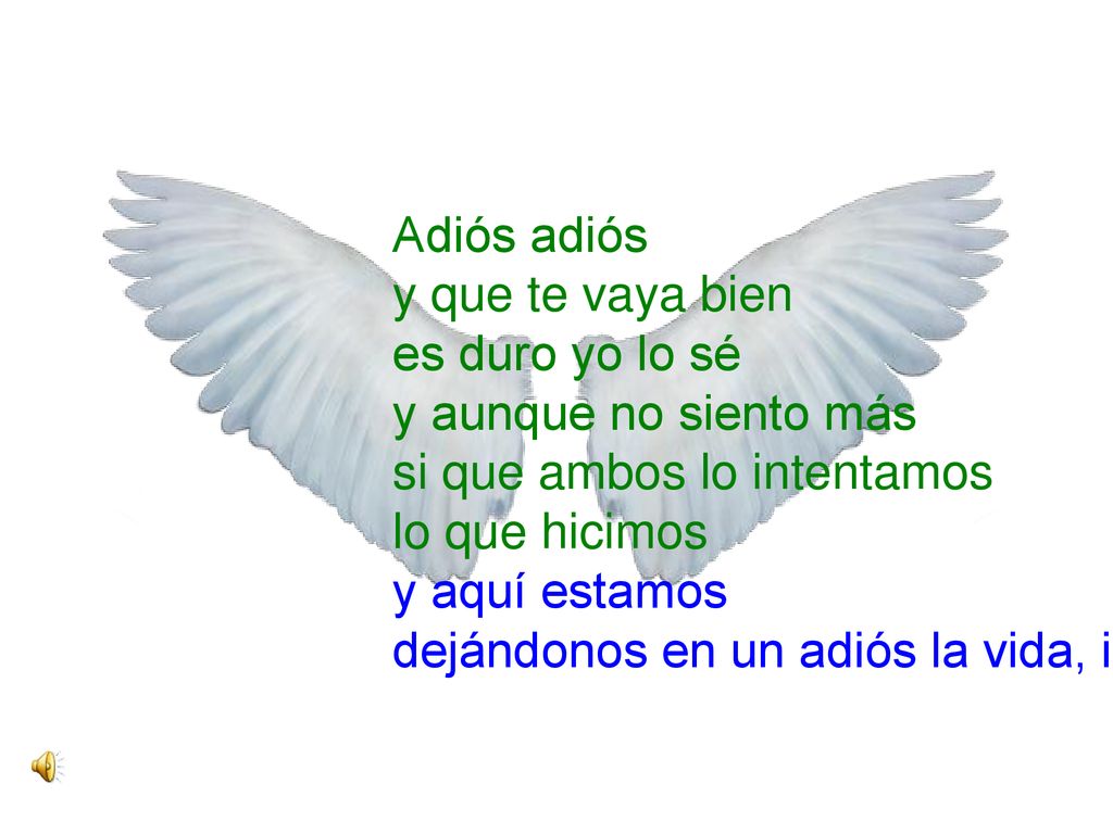 Adiós adiós y que te vaya bien es duro yo lo sé y aunque no siento más si que ambos lo intentamos lo que hicimos y aquí estamos dejándonos en un adiós la vida, ieeeeh..