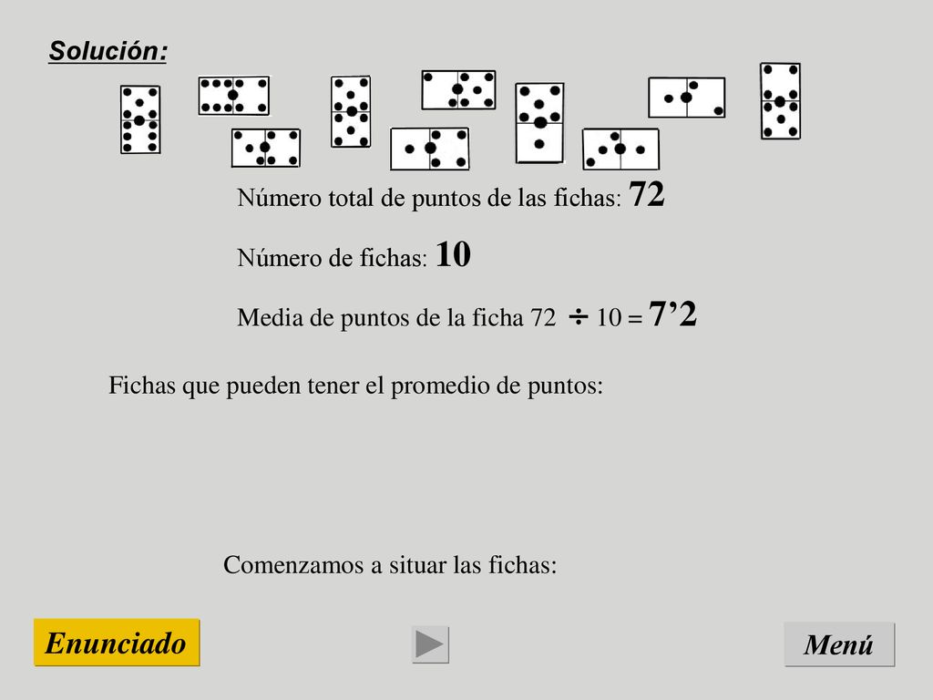 Enunciado Menú Solución: Número total de puntos de las fichas: 72