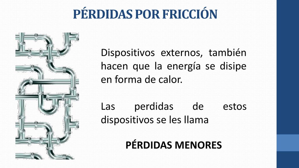 PÉRDIDAS POR FRICCIÓN Dispositivos externos, también hacen que la energía se disipe en forma de calor.