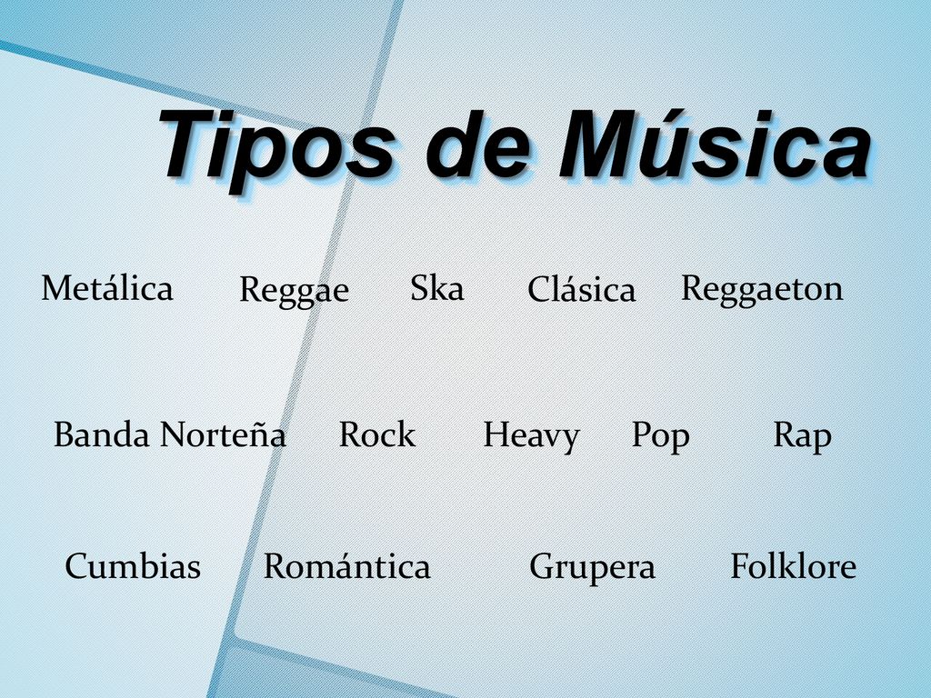 Tipos de Música Metálica Reggae Ska Clásica Reggaeton Banda Norteña