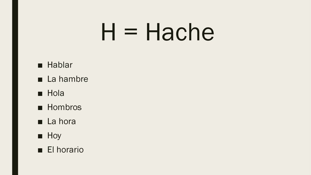 H = Hache Hablar La hambre Hola Hombros La hora Hoy El horario
