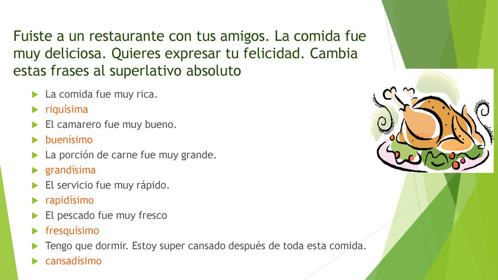 Fuiste a un restaurante con tus amigos. La comida fue muy deliciosa