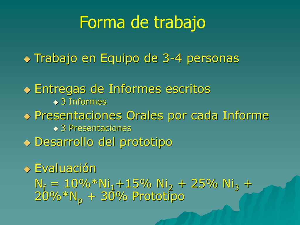 Forma de trabajo Trabajo en Equipo de 3-4 personas