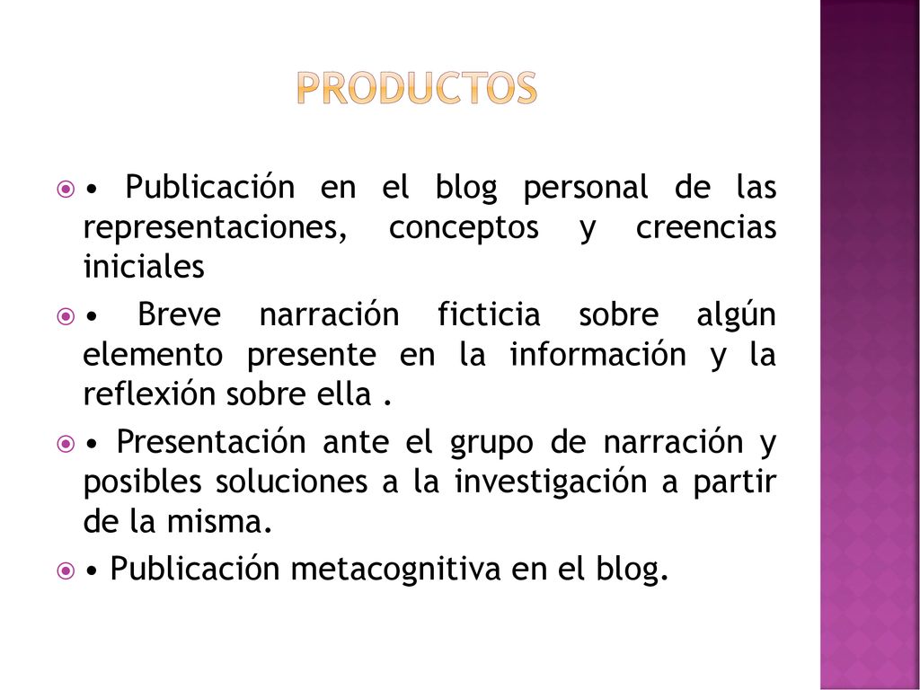 PRODUCTOS • Publicación en el blog personal de las representaciones, conceptos y creencias iniciales.