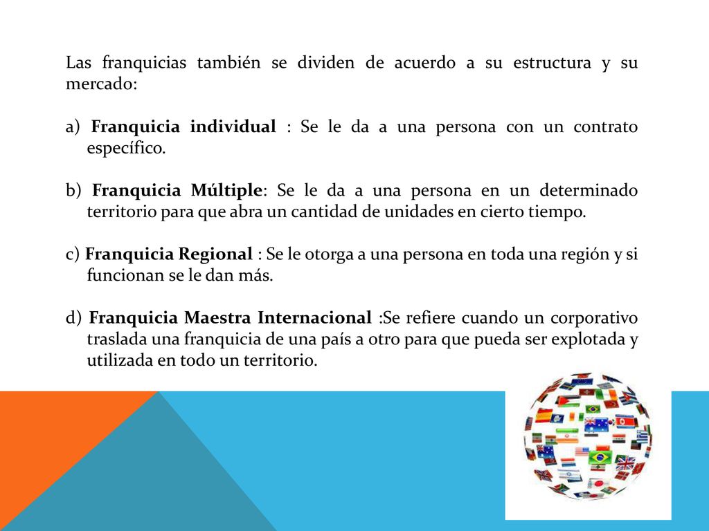 Las franquicias también se dividen de acuerdo a su estructura y su mercado: